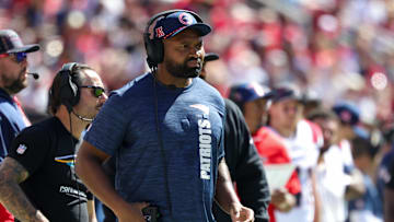 Sep 29, 2024; Santa Clara, California, USA; New England Patriots head coach Jerod Mayo looks on during the first quarter against the San Francisco 49ers at Levi's Stadium. Mandatory Credit: Sergio Estrada-Imagn Images