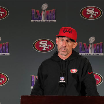 Feb 8, 2024; Las Vegas, NV, USA; San Francisco 49ers head coach Kyle Shanahan during a press conference before Super Bowl LVIII at Hilton Lake Las Vegas Resort and Spa. Mandatory Credit: Kyle Terada-USA TODAY Sports