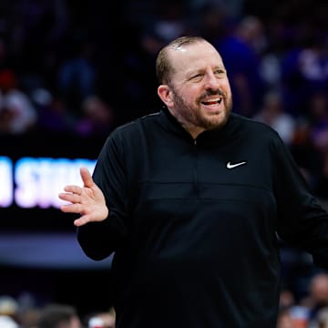 Mar 10, 2025; Sacramento, California, USA; New York Knicks head coach Tom Thibodeau reacts after a play during the third quarter against the Sacramento Kings at Golden 1 Center. Mandatory Credit: Sergio Estrada-Imagn Images