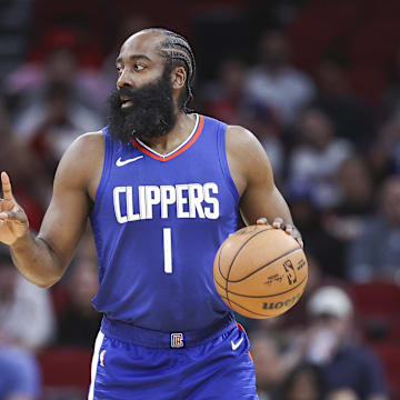 Mar 6, 2024; Houston, Texas, USA; Los Angeles Clippers guard James Harden (1) in action during the game against the Houston Rockets at Toyota Center. Mandatory Credit: Troy Taormina-Imagn Images