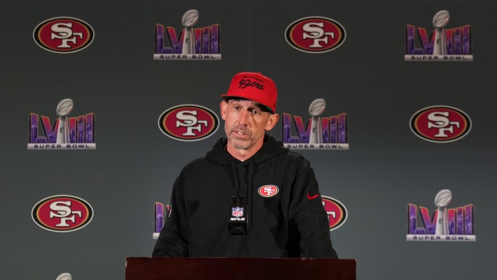 Feb 8, 2024; Las Vegas, NV, USA; San Francisco 49ers head coach Kyle Shanahan during a press conference before Super Bowl LVIII at Hilton Lake Las Vegas Resort and Spa. Mandatory Credit: Kyle Terada-USA TODAY Sports