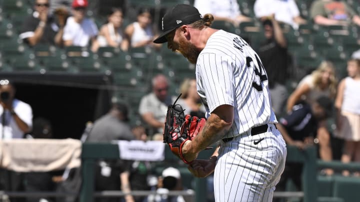 Jul 10, 2024; Chicago, Illinois, USA;  Chicago White Sox pitcher Michael Kopech (34) reacts after a game against the Minnesota Twins at Guaranteed Rate Field. 