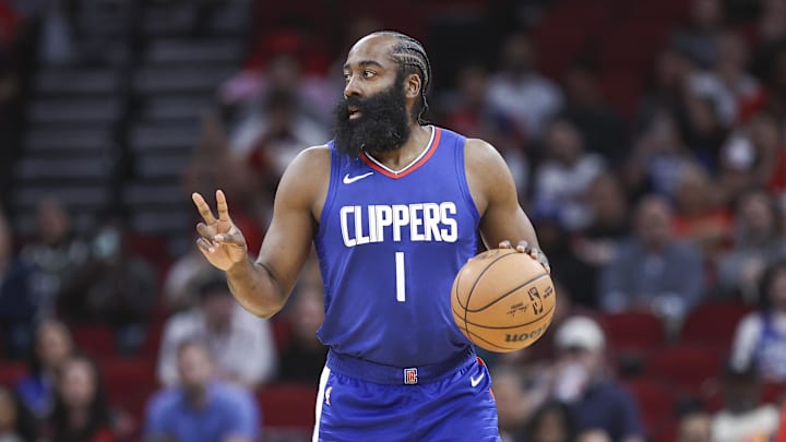 Mar 6, 2024; Houston, Texas, USA; Los Angeles Clippers guard James Harden (1) in action during the game against the Houston Rockets at Toyota Center. Mandatory Credit: Troy Taormina-Imagn Images