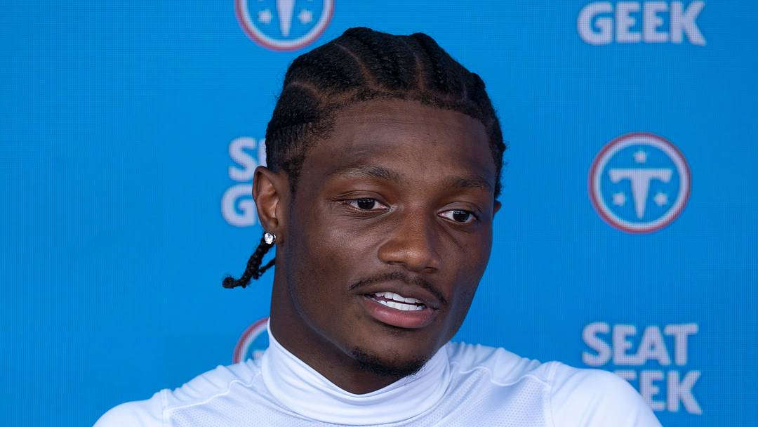 Tennessee Titans wide receiver Carnell Tate (14) fields questions from the media on the first day of mandatory minicamp at Vanderbilt Health Football Center, Tenn., Tuesday, June 16, 2026.