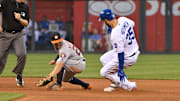 Jun 5, 2017; Kansas City, MO, USA; Houston Astros second baseman Jose Altuve (27) cannot make the tag as Kansas City Royals first baseman Eric Hosmer (35) hits a double in the fourth inning at Kauffman Stadium. Mandatory Credit: Denny Medley-Imagn Images