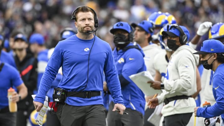 Jan 2, 2022; Baltimore, Maryland, USA; Los Angeles Rams head coach Sean McVay  during the second half against the Baltimore Ravens at M&T Bank Stadium. Mandatory Credit: Tommy Gilligan-USA TODAY Sports