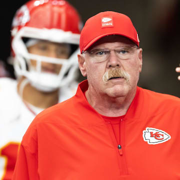 Aug 9, 2025; Glendale, Arizona, USA; Kansas City Chiefs head coach Andy Reid against the Arizona Cardinals during a preseason NFL game at State Farm Stadium. Mandatory Credit: Mark J. Rebilas-Imagn Images