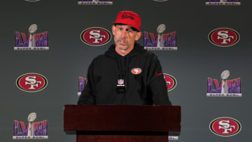Feb 8, 2024; Las Vegas, NV, USA; San Francisco 49ers head coach Kyle Shanahan during a press
