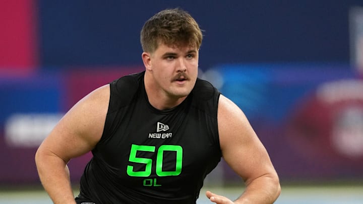 Mar 2, 2025; Indianapolis, IN, USA; North Dakota State offensive lineman Grey Zabel (OL50) during the 2025 NFL Scouting Combine at Lucas Oil Stadium. Mar 2, 2025; Indianapolis, IN, USA; North Dakota State offensive lineman Grey Zabel (OL50) during the 2025 NFL Scouting Combine at Lucas Oil Stadium.