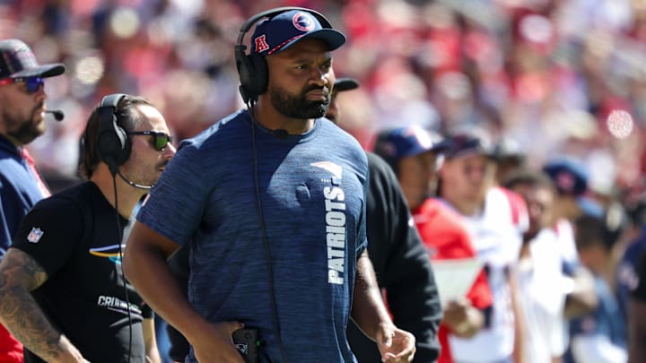 Sep 29, 2024; Santa Clara, California, USA; New England Patriots head coach Jerod Mayo looks on during the first quarter against the San Francisco 49ers at Levi's Stadium.