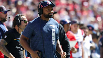 New England Patriots head coach Jerod Mayo looks on during the first quarter against the San Francisco 49ers at Levi's Stadium. 