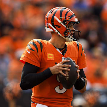 Sep 8, 2024; Cincinnati, Ohio, USA; Cincinnati Bengals quarterback Joe Burrow (9) plays the field against the New England Patriots in the second half at Paycor Stadium. Mandatory Credit: Katie Stratman-Imagn Images