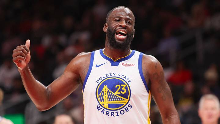Mar 21, 2026; Atlanta, Georgia, USA; Golden State Warriors forward Draymond Green (23) reacts to a call against the Atlanta Hawks in the second quarter at State Farm Arena. Mandatory Credit: Brett Davis-Imagn Images