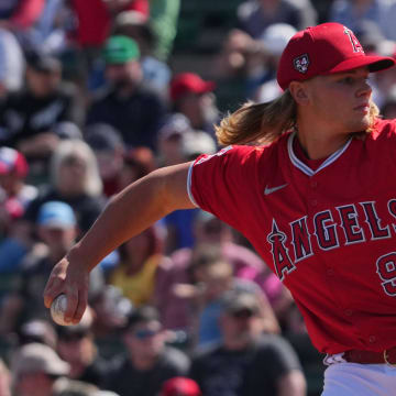 Mar 3, 2024; Tempe, Arizona, USA; Los Angeles Angels pitcher Caden Dana (91) pitches against the Chicago White Sox during the first inning at Tempe Diablo Stadium. Mandatory Credit: Joe Camporeale-USA TODAY Sports