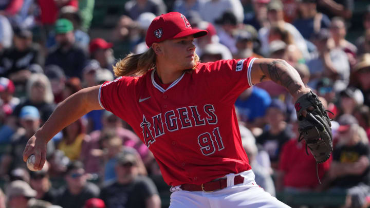 Mar 3, 2024; Tempe, Arizona, USA; Los Angeles Angels pitcher Caden Dana (91) pitches against the Chicago White Sox during the first inning at Tempe Diablo Stadium. Mandatory Credit: Joe Camporeale-USA TODAY Sports