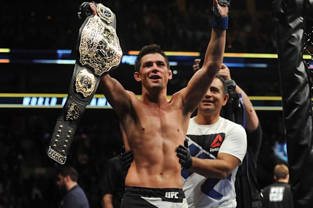 Dominick Cruz celebrates his win over TJ Dillashaw in a world bantamweight championship bout.