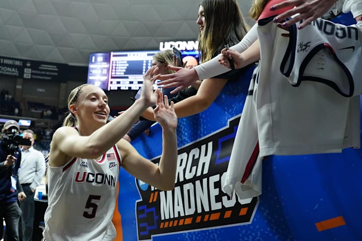 UConn Huskies guard Paige Bueckers exits the floor after defeating the South Dakota State Jackrabbits during March Madness. 