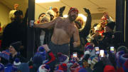 Jason Kelce reacts after the Kansas City Chiefs score against the Buffalo Bills during the first half for the 2024 AFC divisional round game