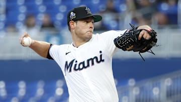 Apr 15, 2025; Miami, Florida, USA;  Miami Marlins starting pitcher Connor Gillispie (55) pitches against the Arizona Diamondbacks during the first inning at loanDepot Park. All players wore #42 for Jackie Robinson Day. Mandatory Credit: Rhona Wise-Imagn Images