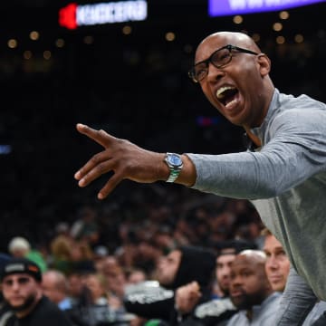 May 1, 2023; Boston, Massachusetts, USA; Philadelphia 76ers assistant coach Sam Cassell reacts to a play in the second half during game one of the 2023 NBA playoffs against the Boston Celtics at TD Garden. Mandatory Credit: Bob DeChiara-USA TODAY Sports