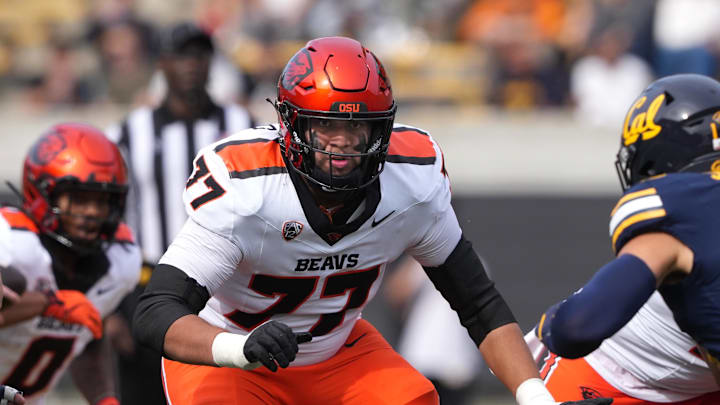 Oct 26, 2024; Berkeley, California, USA; Oregon State Beavers offensive lineman Flavio Gonzalez (77) during the second quarter against the California Golden Bears at California Memorial Stadium. Mandatory Credit: Darren Yamashita-Imagn Images