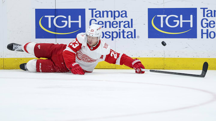 Apr 13, 2026; Tampa, Florida, USA; Detroit Red Wings left wing Lucas Raymond (23) looses the puck against the Tampa Bay Lightning in the second period at Benchmark International Arena. Mandatory Credit: Nathan Ray Seebeck-Imagn Images