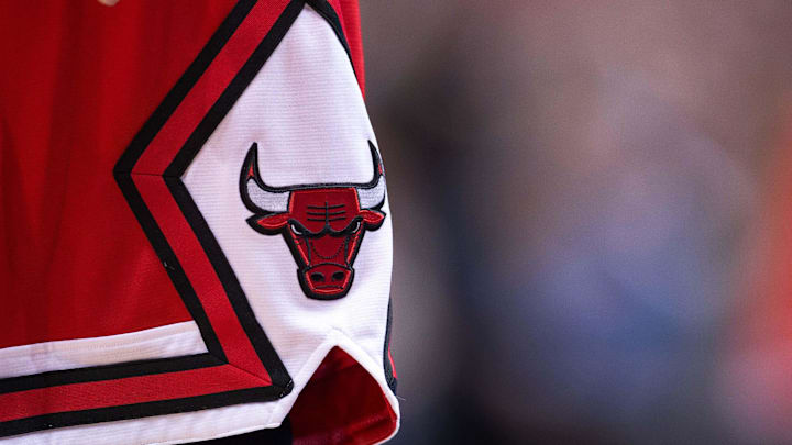 Feb 28, 2014; Dallas, TX, USA; A view of the Chicago Bulls logo during the game between the Dallas Mavericks and the Bulls at the American Airlines Center. The Bulls defeated the Mavericks 100-91. Mandatory Credit: Jerome Miron-Imagn Images