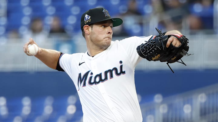Apr 15, 2025; Miami, Florida, USA; Miami Marlins starting pitcher Connor Gillispie (55) pitches against the Arizona Diamondbacks during the first inning at loanDepot Park. All players wore #42 for Jackie Robinson Day. Mandatory Credit: Rhona Wise-Imagn Images Apr 15, 2025; Miami, Florida, USA; Miami Marlins starting pitcher Connor Gillispie (55) pitches against the Arizona Diamondbacks during the first inning at loanDepot Park. All players wore #42 for Jackie Robinson Day. Mandatory Credit: Rhona Wise-Imagn Images