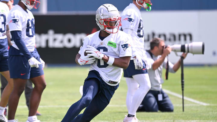 May 11, 2024; Foxborough, MA, USA; New England Patriots wide receiver Javon Baker (6) makes a catch at the New England Patriots rookie camp at Gillette Stadium.  Mandatory Credit: Eric Canha-USA TODAY Sports