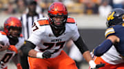 Oct 26, 2024; Berkeley, California, USA; Oregon State Beavers offensive lineman Flavio Gonzalez (77) during the second quarter against the California Golden Bears at California Memorial Stadium. Mandatory Credit: Darren Yamashita-Imagn Images