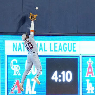 Detroit Tiger left fielder Baddoo catches a fly ball for an out against the Toronto Blue Jays during the first inning at Rogers Centre. 