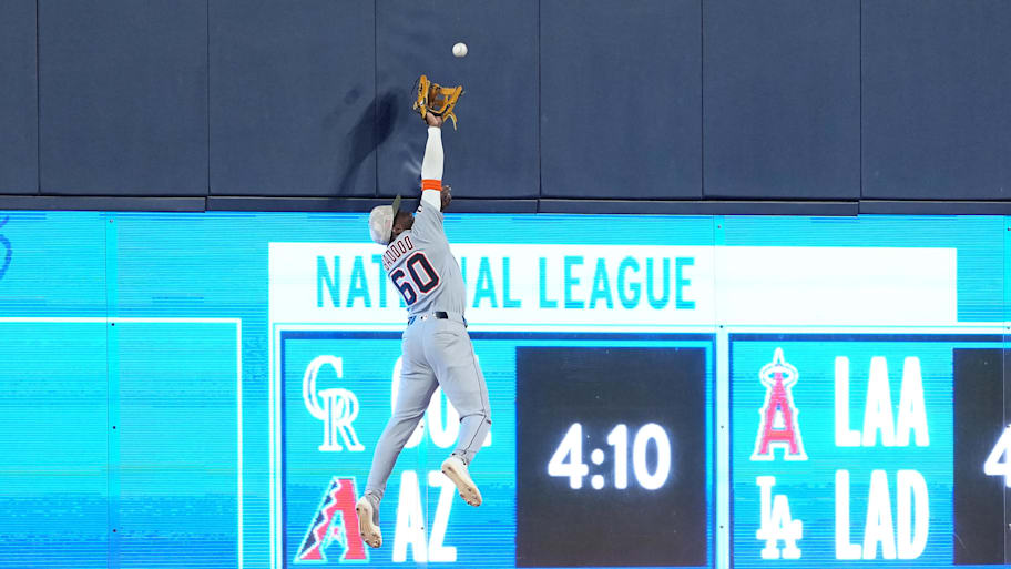 Detroit Tiger left fielder Baddoo catches a fly ball for an out against the Toronto Blue Jays during the first inning at Rogers Centre.  | Nick Turchiaro-Imagn Images