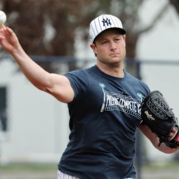 Feb 20, 2025; Tampa, FL, USA; New York Yankees pitcher Gerrit Cole (45) during during work outs at George M. Steinbrenner Field. 