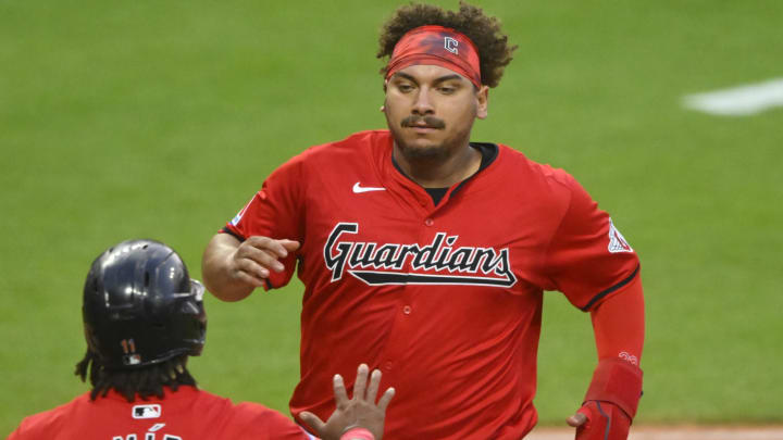 Aug 5, 2024; Cleveland, Ohio, USA; Cleveland Guardians first baseman Josh Naylor (22) scores beside third baseman Jose Ramirez (11) in the sixth inning against the Arizona Diamondbacks at Progressive Field. Mandatory Credit: David Richard-USA TODAY Sports