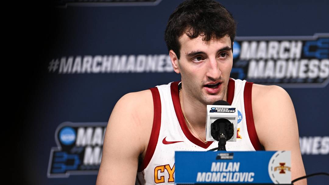 Mar 22, 2026; St. Louis, MO, USA; Iowa State Cyclones forward Milan Momcilovic (22) speaks during the postgame press conference after the game against the Kentucky Wildcats during a second round game of the men's 2026 NCAA Tournament at Enterprise Center.