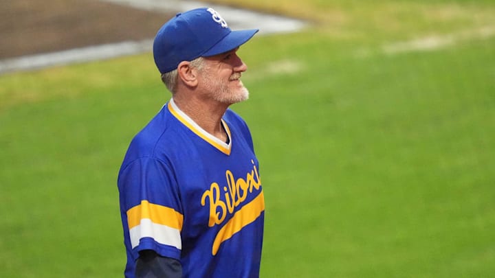 Biloxi Shuckers manager Joe Ayrault smiles as he looks into the stands at Covenant Health Park during a Minor League Baseball game against the Knoxville Smokies on August 5, 2025, Knoxville, Tennessee.