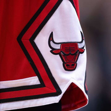 A view of the Chicago Bulls logo during the game between the Dallas Mavericks and the Bulls at the American Airlines Center. The Bulls defeated the Mavericks 100-91. Mandatory Credit: