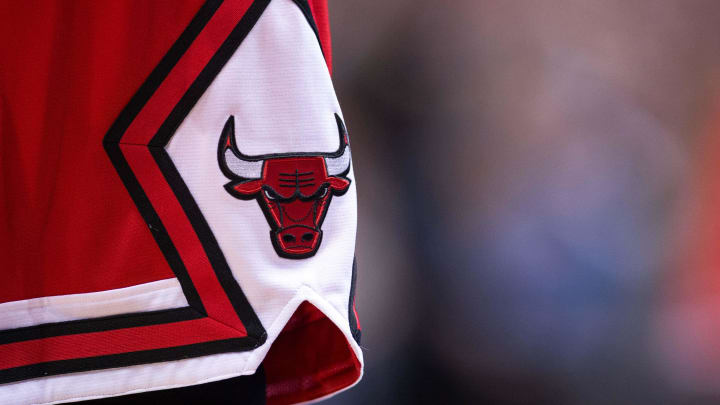 A view of the Chicago Bulls logo during the game between the Dallas Mavericks and the Bulls at the American Airlines Center. The Bulls defeated the Mavericks 100-91. Mandatory Credit: