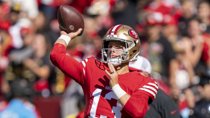 August 18, 2024; Santa Clara, California, USA; San Francisco 49ers quarterback Brock Purdy (13) warms up before the game against the New Orleans Saints at Levi's Stadium. Mandatory Credit: Kyle Terada-USA TODAY Sports