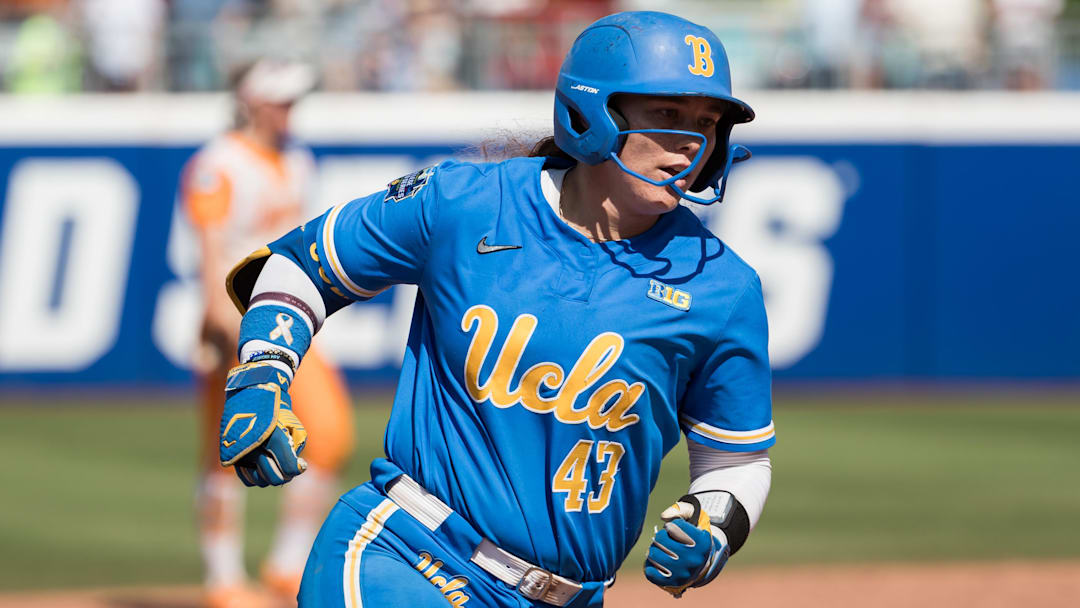 Jun 1, 2025; Oklahoma City, OK, USA;  UCLA Bruins utility Megan Grant (43) rounds the bases after hitting a two run home run tying the game in the seventh inning against the Tennessee Lady Volunteers during the NCAA Softball Women's College World Series at Devon Park. Mandatory Credit: Brett Rojo-Imagn Images