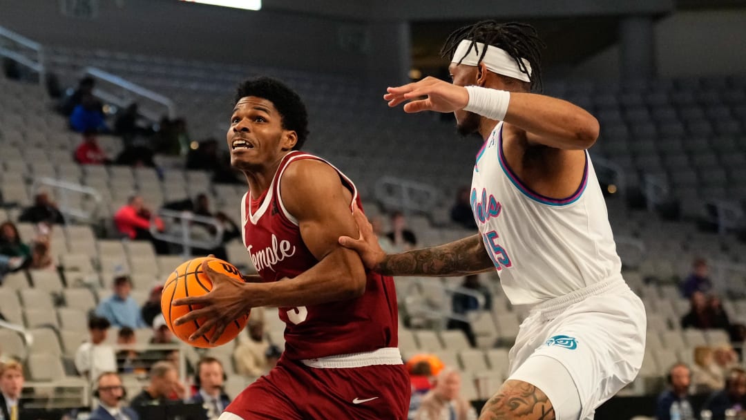 Mar 16, 2024; Fort Worth, TX, USA; Temple Owls guard Hysier Miller (3) drives to the basket against Florida Atlantic Owls guard Alijah Martin (15) during the second half at Dickies Arena. Mandatory Credit: Chris Jones-USA TODAY Sports