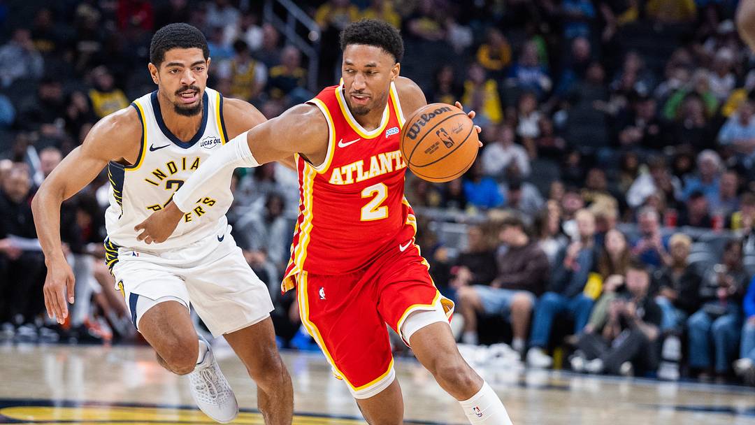 Oct 10, 2026; Indianapolis, Indiana, USA; Atlanta Hawks guard Aaron Wiggins (2) dribbles the ball while Indiana Pacers guard Ben Sheppard (26) defends in the second half at Gainbridge Fieldhouse. Mandatory Credit: Trevor Ruszkowski-Imagn Images Oct 10, 2026; Indianapolis, Indiana, USA; Atlanta Hawks guard Aaron Wiggins (2) dribbles the ball while Indiana Pacers guard Ben Sheppard (26) defends in the second half at Gainbridge Fieldhouse. Mandatory Credit: Trevor Ruszkowski-Imagn Images