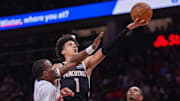 Nov 18, 2025; Atlanta, Georgia, USA; Atlanta Hawks forward Jalen Johnson (1) shoots against the Detroit Pistons in the third quarter at State Farm Arena. Mandatory Credit: Brett Davis-Imagn Images