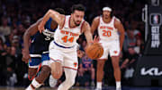 Oct 13, 2024; New York, New York, USA; New York Knicks guard Landry Shamet (44) steals the ball from Minnesota Timberwolves guard Anthony Edwards (5) during the first half at Madison Square Garden. Mandatory Credit: Vincent Carchietta-Imagn Images