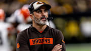 Nov 17, 2024; New Orleans, Louisiana, USA;  Cleveland Browns head coach Kevin Stefanski looks on against the New Orleans Saints during the first half at Caesars Superdome. Mandatory Credit: Stephen Lew-Imagn Images