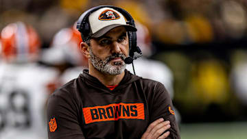 Nov 17, 2024; New Orleans, Louisiana, USA;  Cleveland Browns head coach Kevin Stefanski looks on against the New Orleans Saints during the first half at Caesars Superdome. Mandatory Credit: Stephen Lew-Imagn Images