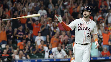 Sep 21, 2024; Houston, Texas, USA; Houston Astros right fielder Kyle Tucker (30) flicks his bat after hitting a home run against the Los Angeles Angels  in the seventh inning at Minute Maid Park. Mandatory Credit: Thomas Shea-Imagn Images