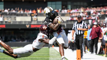 Aug 31, 2024; Nashville, Tennessee, USA;  Vanderbilt Commodores running back Sedrick Alexander (28) scores a touchdown against the Virginia Tech Hokies during the second half at FirstBank Stadium. Mandatory Credit: Steve Roberts-USA TODAY Sports