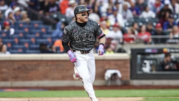 Sep 7, 2024; New York City, New York, USA; New York Mets center fielder Harrison Bader (44) hits a solo home run in the sixth inning against the Cincinnati Reds at Citi Field. Mandatory Credit: Wendell Cruz-Imagn Images