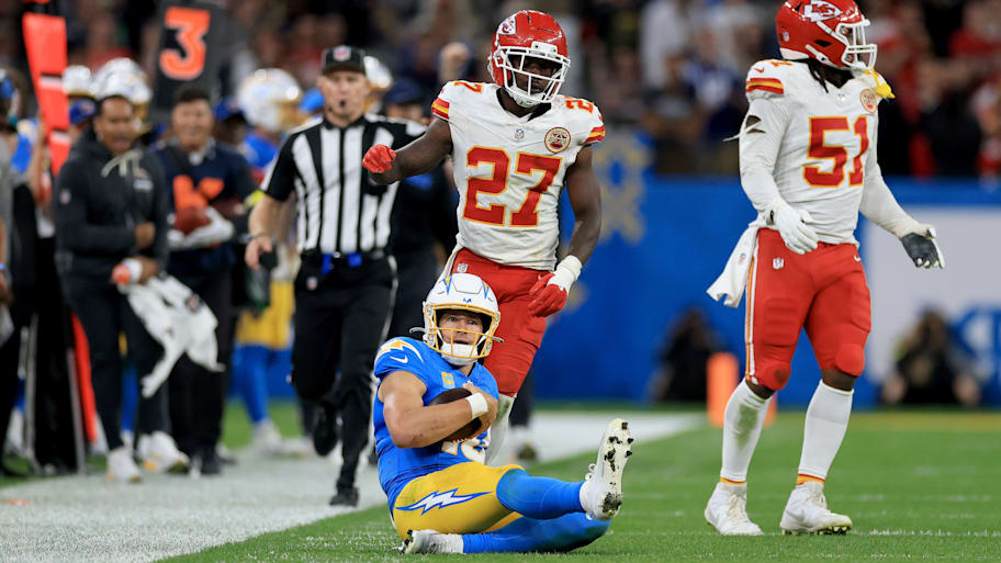 Los Angeles Chargers quarterback Justin Herbert slides during a game against the Chiefs.